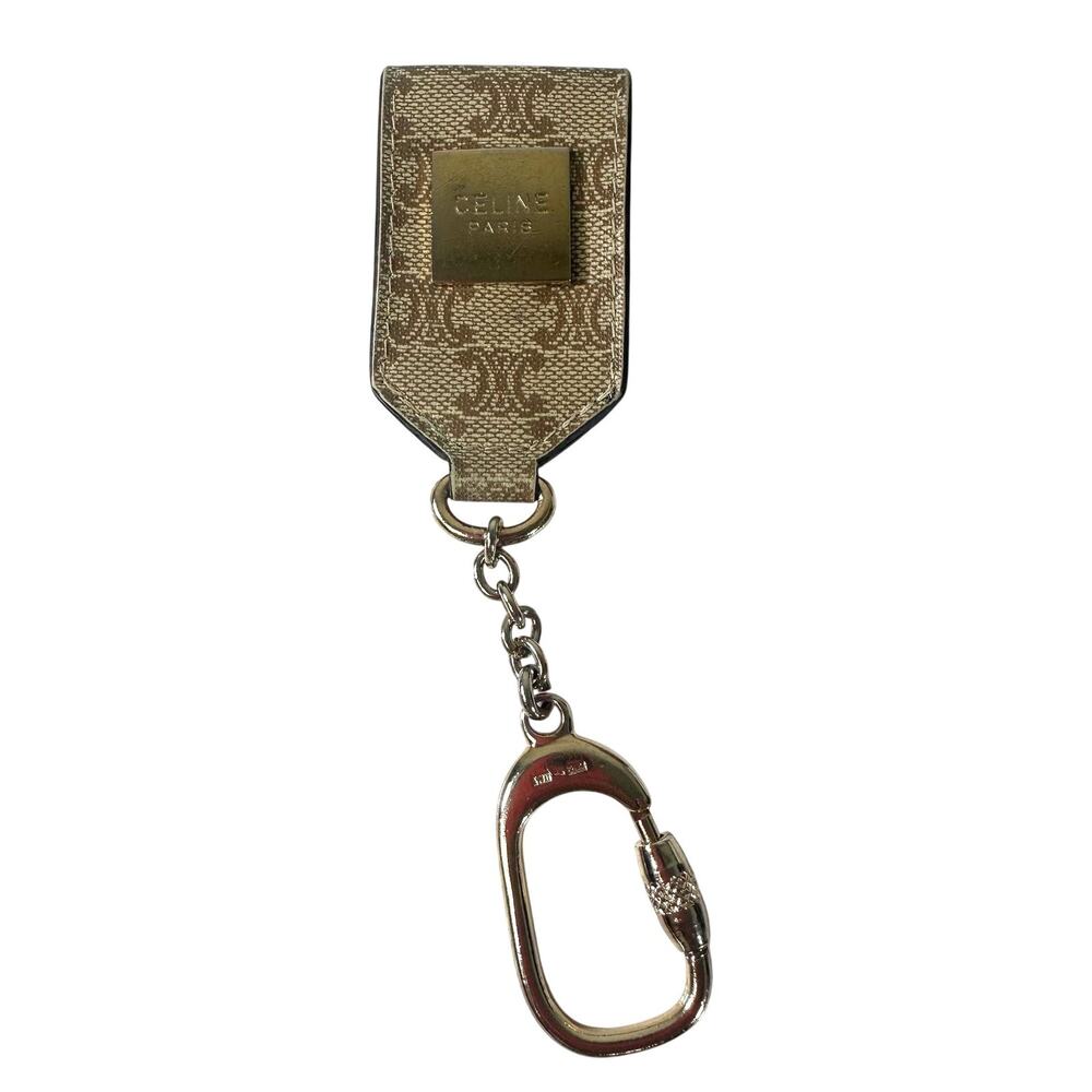 Celine Beige Triomphe Monogram Carabiner Hook Charm 5in Bag Keyring Vintage
